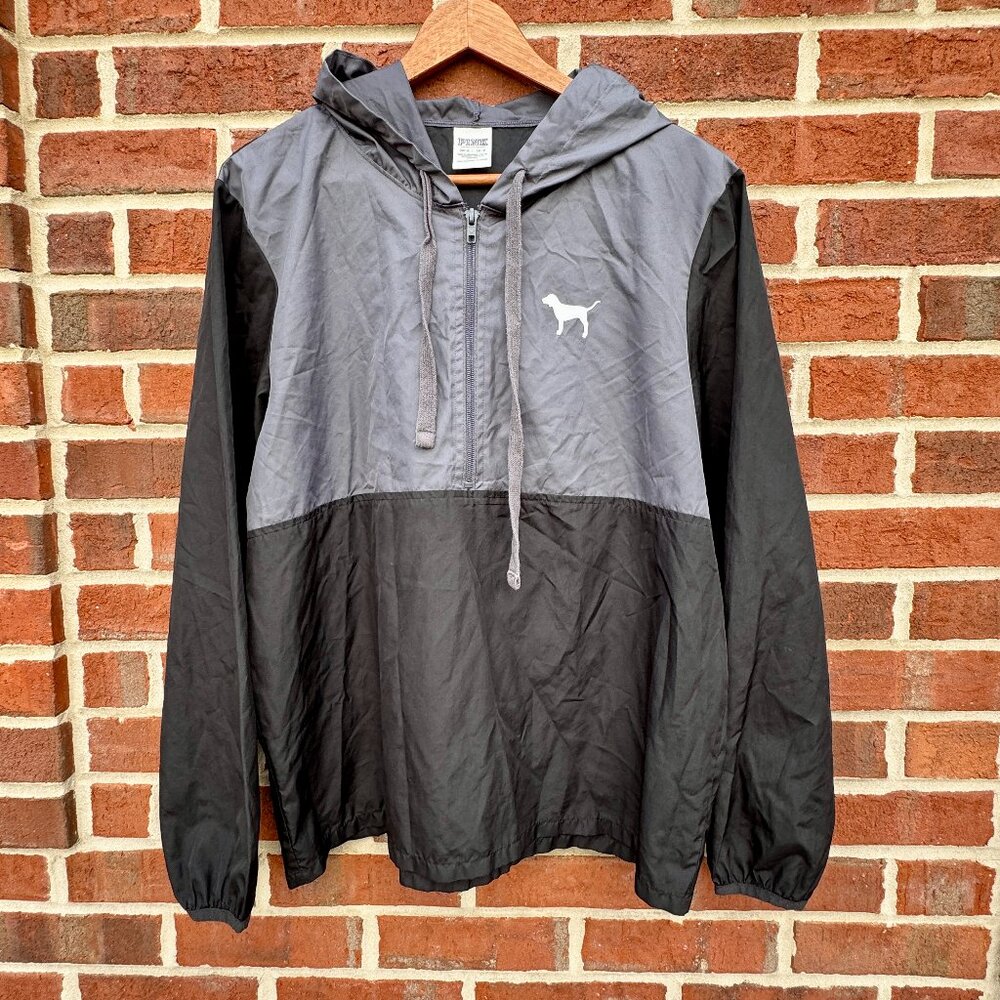 Pink Victoria's Secret Hooded Windbreaker XS Black Gray 1/2 Zip Pullover